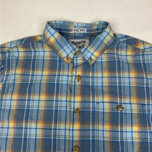 Duluth Trading Untucked Shirt Mens Large Blue Plaid Slim Fit Button Down